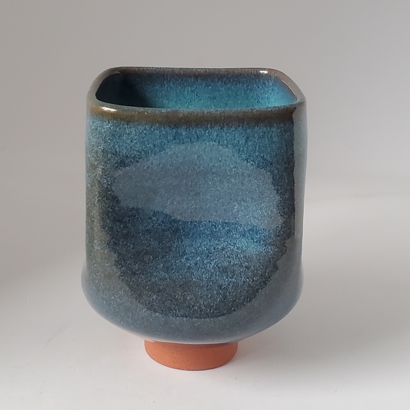 Pottery Square Round Blue Glazed Vase - Picture 3 of 8